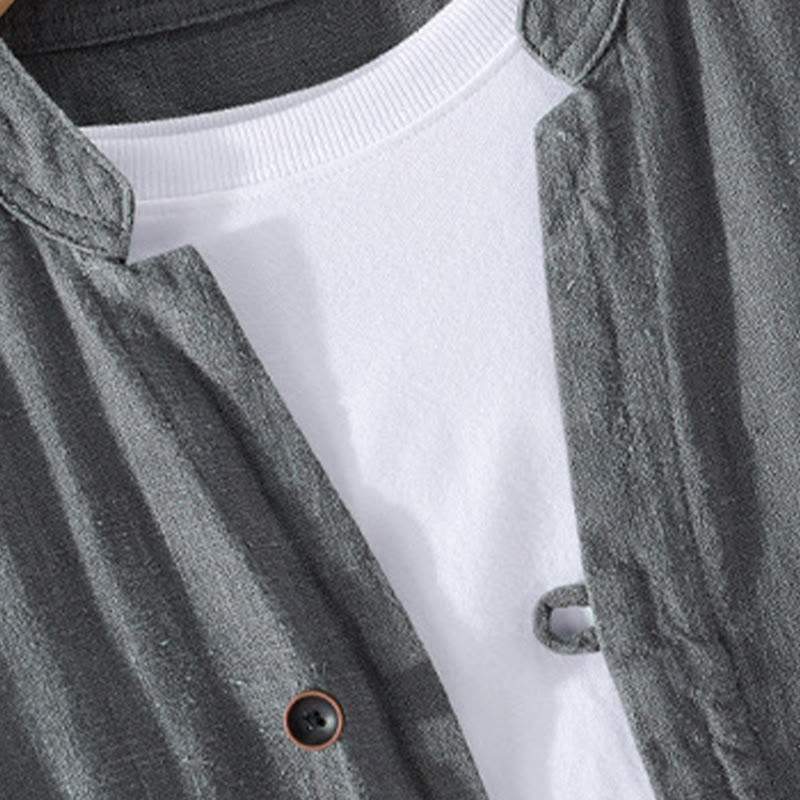 Camicia da uomo in cotone e lino a maniche lunghe con tasche, modello Buddha Stones, modello Spring Daily, con bottoni semplici e colletto alto - image 17