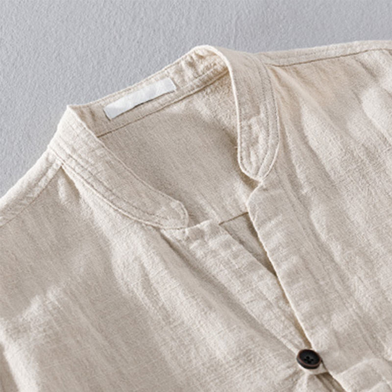 Camicia da uomo in cotone e lino a maniche lunghe con tasche, modello Buddha Stones, modello Spring Daily, con bottoni semplici e colletto alto - image 2