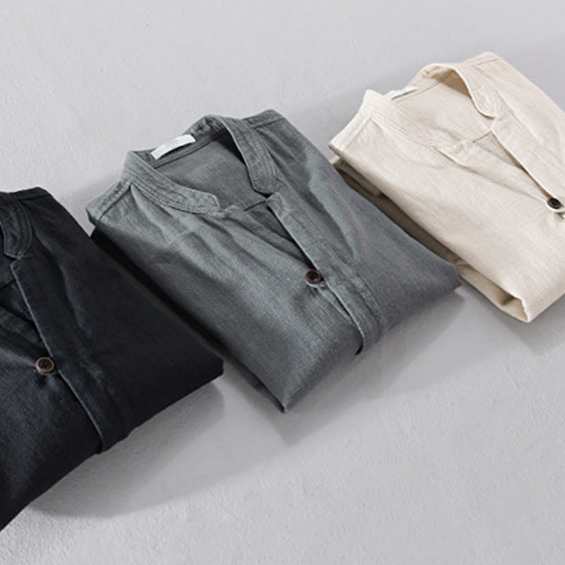 Camicia da uomo in cotone e lino a maniche lunghe con tasche, modello Buddha Stones, modello Spring Daily, con bottoni semplici e colletto alto - image 25