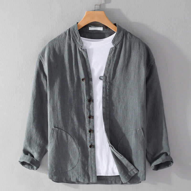 Camicia da uomo in cotone e lino a maniche lunghe con tasche, modello Buddha Stones, modello Spring Daily, con bottoni semplici e colletto alto - image 14