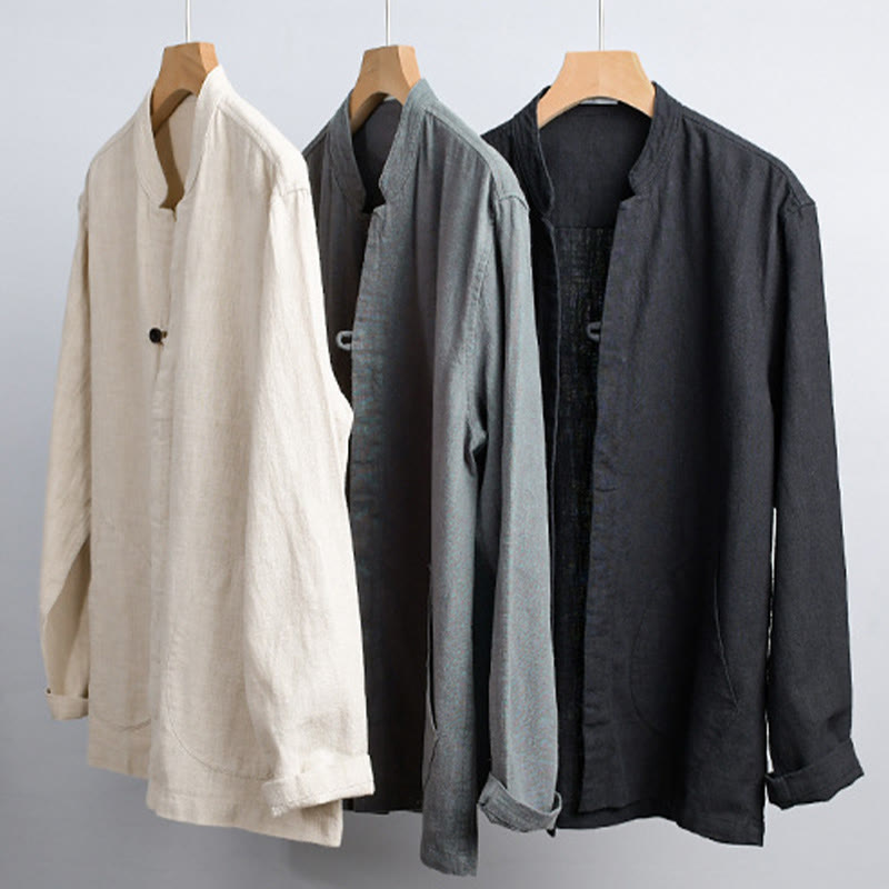 Camicia da uomo in cotone e lino a maniche lunghe con tasche, modello Buddha Stones, modello Spring Daily, con bottoni semplici e colletto alto - image 22