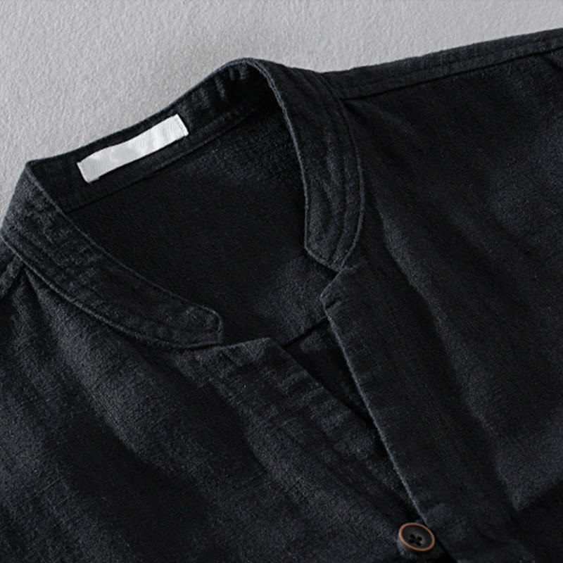 Camicia da uomo in cotone e lino a maniche lunghe con tasche, modello Buddha Stones, modello Spring Daily, con bottoni semplici e colletto alto - image 10