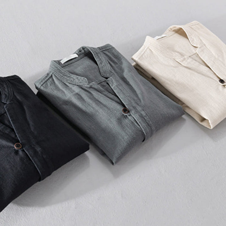 Camicia da uomo in cotone e lino a maniche lunghe con tasche, modello Buddha Stones, modello Spring Daily, con bottoni semplici e colletto alto - image 25