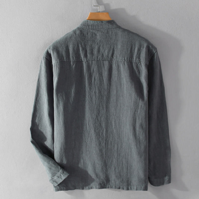 Camicia da uomo in cotone e lino a maniche lunghe con tasche, modello Buddha Stones, modello Spring Daily, con bottoni semplici e colletto alto - image 15