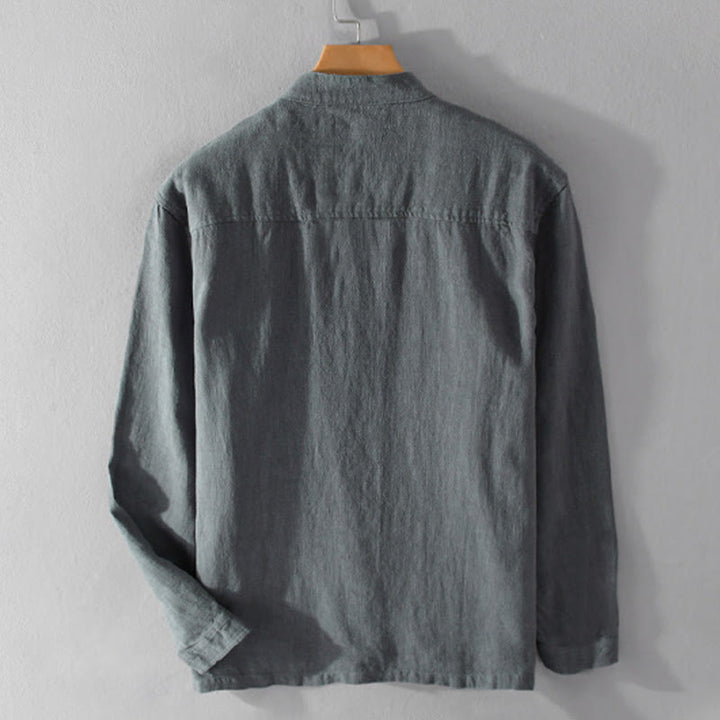 Camicia da uomo in cotone e lino a maniche lunghe con tasche, modello Buddha Stones, modello Spring Daily, con bottoni semplici e colletto alto - image 15
