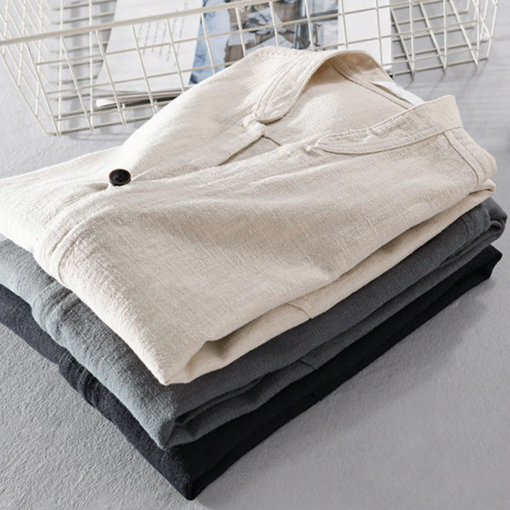 Camicia da uomo in cotone e lino a maniche lunghe con tasche, modello Buddha Stones, modello Spring Daily, con bottoni semplici e colletto alto - image 23