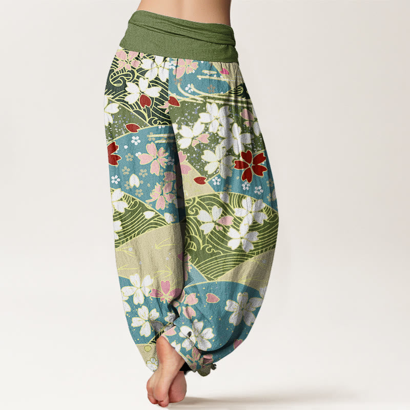 Pantaloni harem da donna con elastico in vita e motivo a ventaglio con Buddha Stones e fiori colorati - image 2