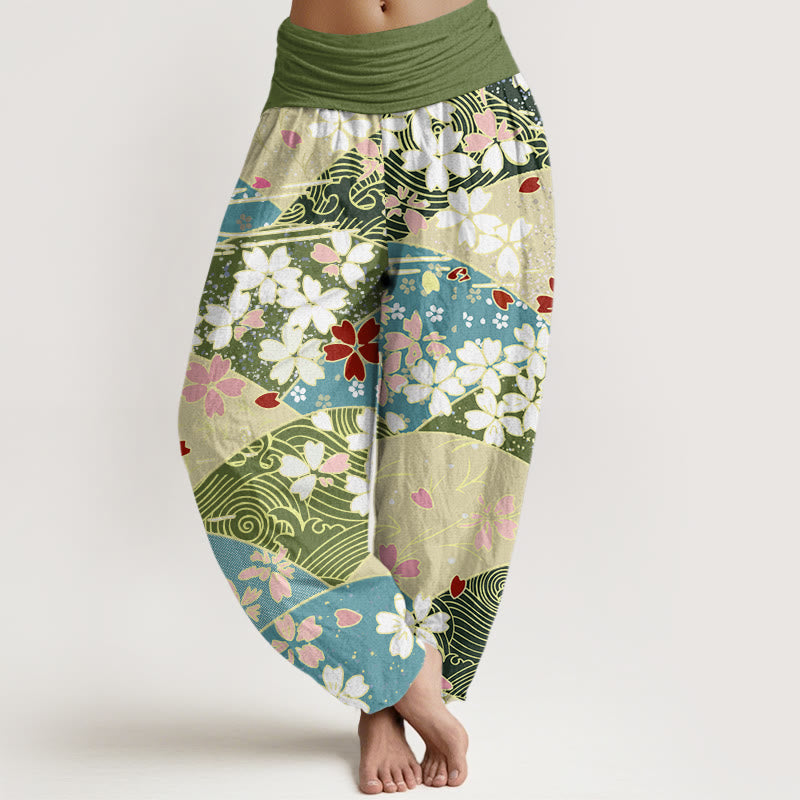 Pantaloni harem da donna con elastico in vita e motivo a ventaglio con Buddha Stones e fiori colorati - DarkSeaGreen - US22, UK/AU26, EU54 (6XL) - image 1