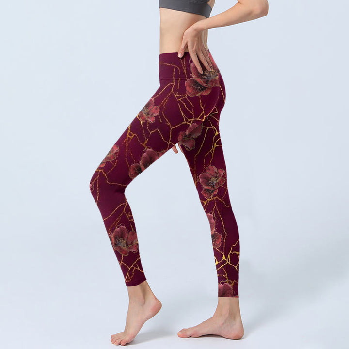 Leggings da palestra con stampa di Buddha Stones, petali rossi, linee dorate, pantaloni da yoga da donna - image 3