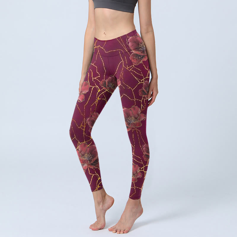 Leggings da palestra con stampa di Buddha Stones, petali rossi, linee dorate, pantaloni da yoga da donna - IndianRed - US18, UK/AU22, EU50 (4XL) - image 1