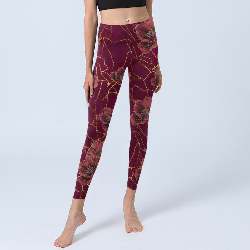 Leggings da palestra con stampa di Buddha Stones, petali rossi, linee dorate, pantaloni da yoga da donna - image 6