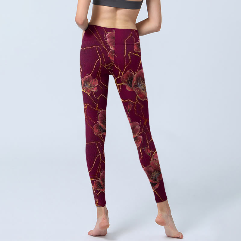Leggings da palestra con stampa di Buddha Stones, petali rossi, linee dorate, pantaloni da yoga da donna - image 6