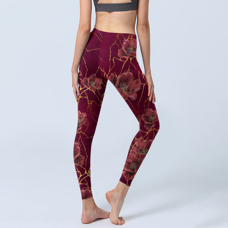 Leggings da palestra con stampa di Buddha Stones, petali rossi, linee dorate, pantaloni da yoga da donna - image 5