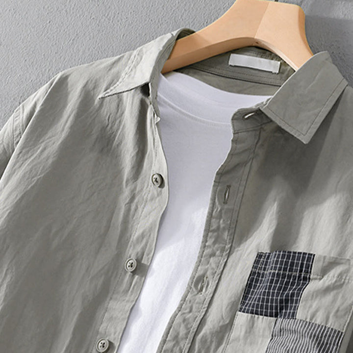 Camicia da uomo in cotone e lino a maniche lunghe con tasche, modello patchwork , Buddha Stones Spring Daily Line - image 1