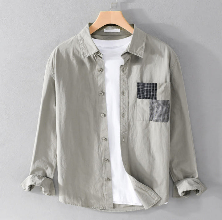 Camicia da uomo in cotone e lino a maniche lunghe con tasche, modello patchwork , Buddha Stones Spring Daily Line - Verde Mare Scuro - US/UK/AU42, EU52 (3XL) - image 0