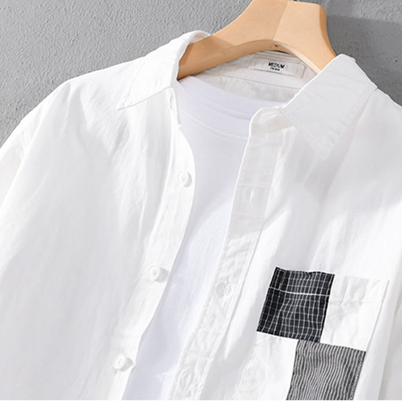 Camicia da uomo in cotone e lino a maniche lunghe con tasche, modello patchwork , Buddha Stones Spring Daily Line - image 9