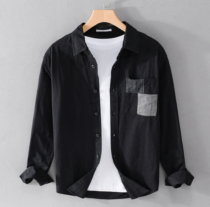 Camicia da uomo in cotone e lino a maniche lunghe con tasche, modello patchwork , Buddha Stones Spring Daily Line - Nero - US/UK/AU42, EU52 (3XL) - image 15