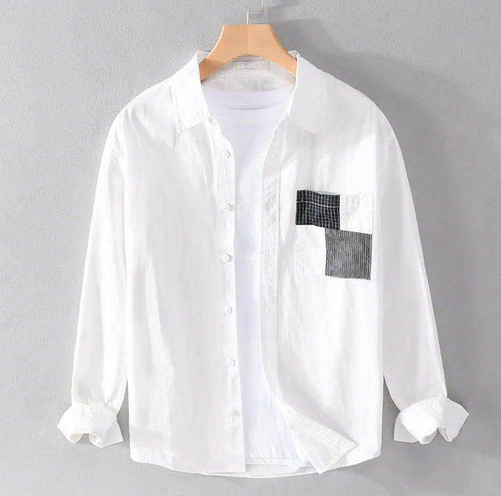 Camicia da uomo in cotone e lino a maniche lunghe con tasche, modello patchwork , Buddha Stones Spring Daily Line - Bianco - US/UK/AU42, EU52 (3XL) - image 7
