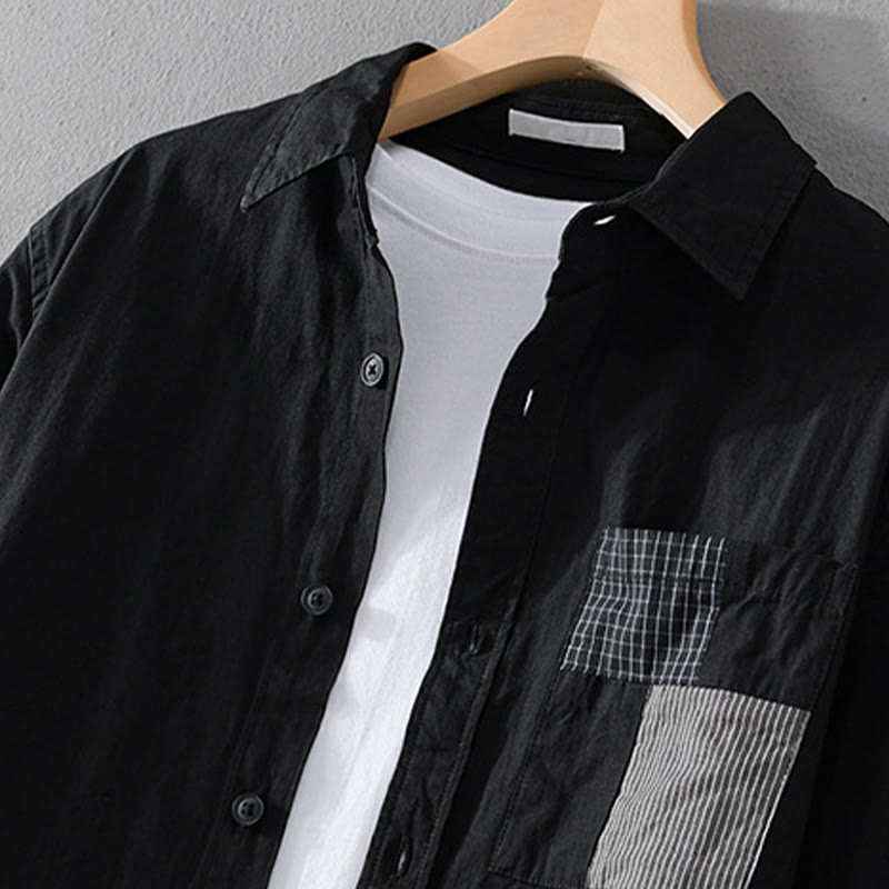 Camicia da uomo in cotone e lino a maniche lunghe con tasche, modello patchwork , Buddha Stones Spring Daily Line - image 16
