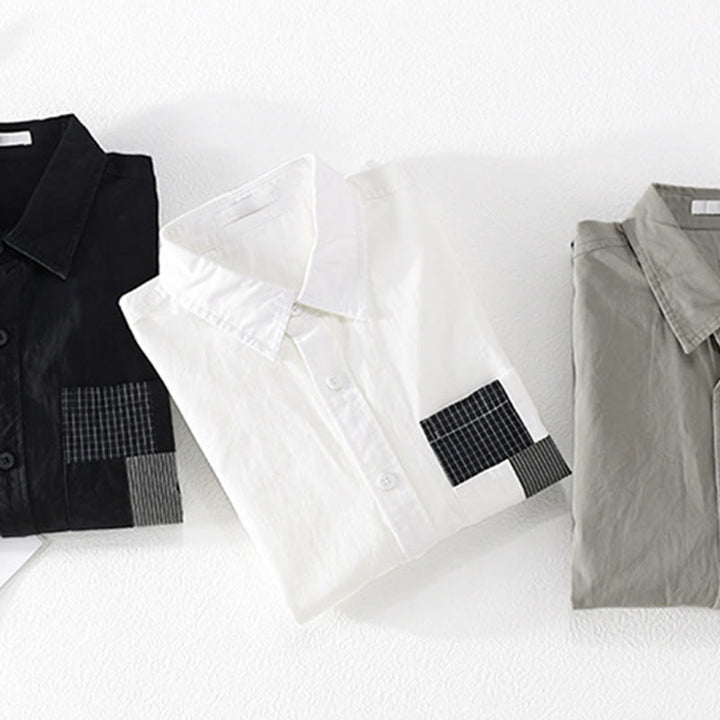 Camicia da uomo in cotone e lino a maniche lunghe con tasche, modello patchwork , Buddha Stones Spring Daily Line - image 23