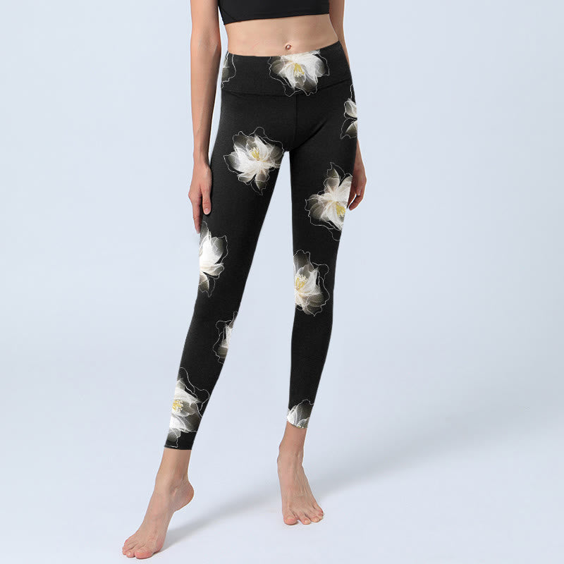 Leggings da palestra con stampa di petali di loto bianco e nero, modello Buddha Stones, pantaloni da yoga da donna - image 6