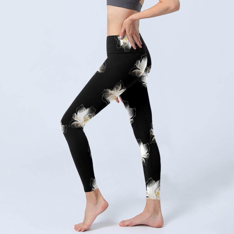 Leggings da palestra con stampa di petali di loto bianco e nero, modello Buddha Stones, pantaloni da yoga da donna - image 3