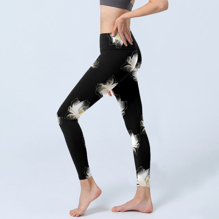 Leggings da palestra con stampa di petali di loto bianco e nero, modello Buddha Stones, pantaloni da yoga da donna - image 3