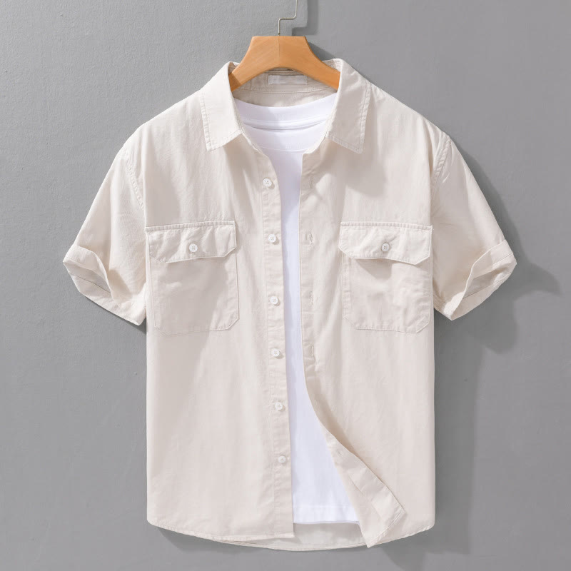 Camicia da uomo in cotone e lino a maniche corte con tasche e risvolto in puro colore Buddha Stones Daily - Beige - US/UK/AU42, EU52 (3XL) - image 0