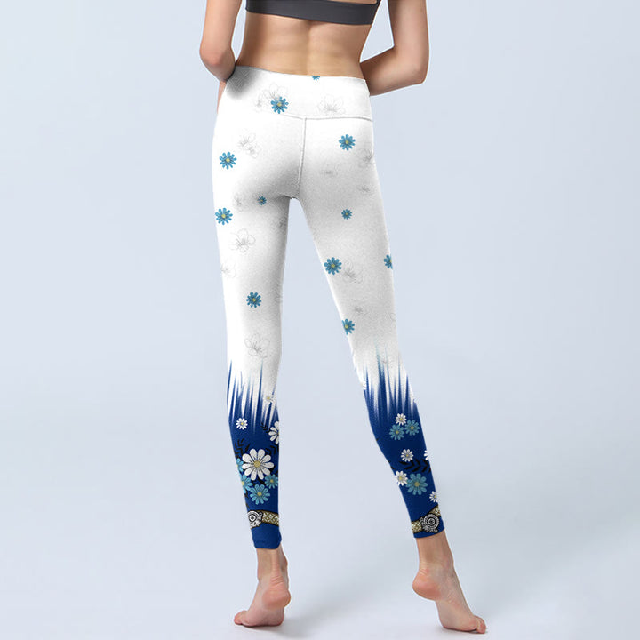 Leggings da palestra con stampa di Buddha Stones, fiori bianchi, foglie d'erba, pantaloni da yoga da donna - image 6