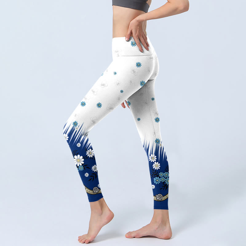 Leggings da palestra con stampa di Buddha Stones, fiori bianchi, foglie d'erba, pantaloni da yoga da donna - image 2