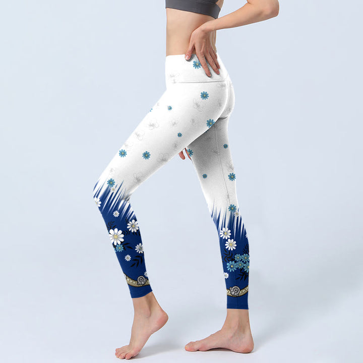 Leggings da palestra con stampa di Buddha Stones, fiori bianchi, foglie d'erba, pantaloni da yoga da donna - image 2