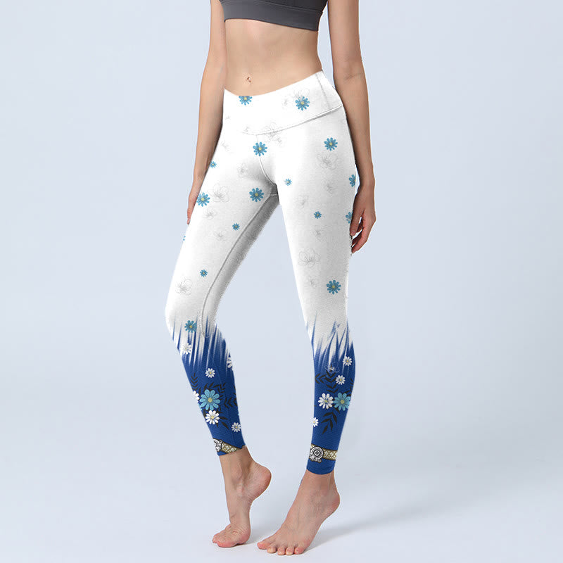 Leggings da palestra con stampa di Buddha Stones, fiori bianchi, foglie d'erba, pantaloni da yoga da donna - Nevicare - US18, UK/AU22, EU50 (4XL) - image 0