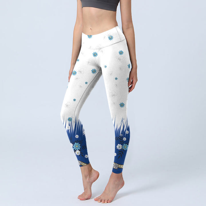 Leggings da palestra con stampa di Buddha Stones, fiori bianchi, foglie d'erba, pantaloni da yoga da donna - Nevicare - US18, UK/AU22, EU50 (4XL) - image 0