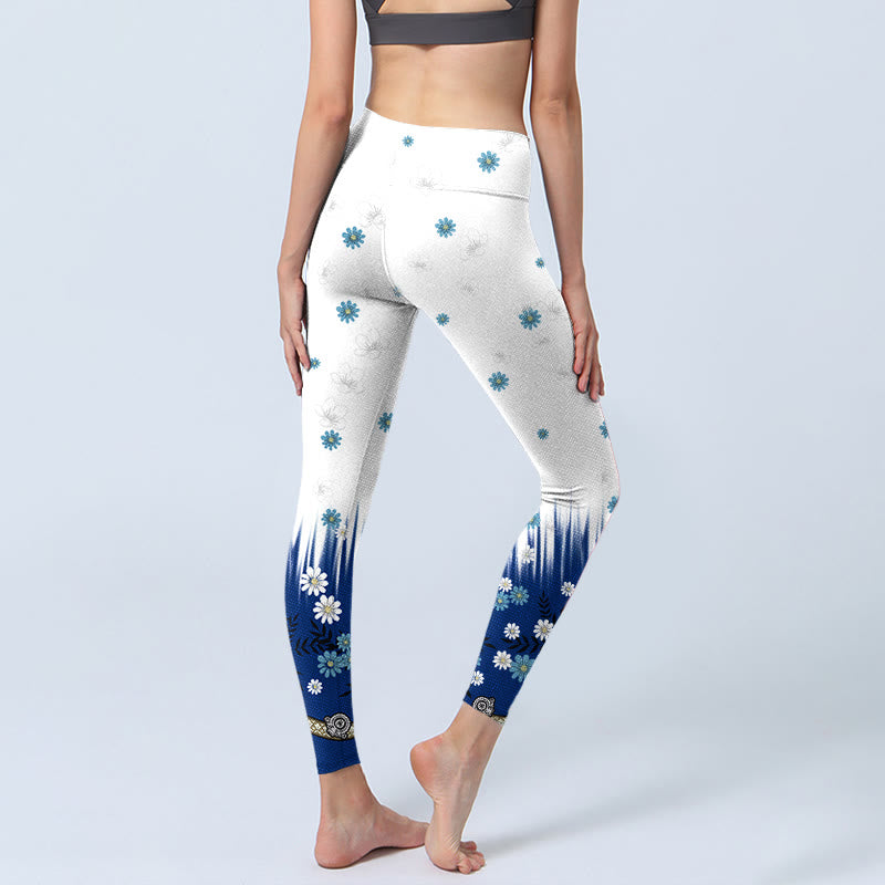 Leggings da palestra con stampa di Buddha Stones, fiori bianchi, foglie d'erba, pantaloni da yoga da donna - image 5