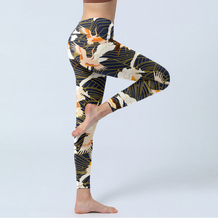 Leggings da palestra con stampa a motivo di Buddha Stones, gru dalla corona rossa, nuvole e onde del mare, pantaloni da yoga da donna - image 3