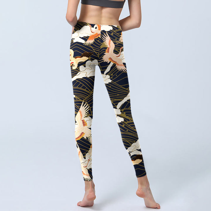 Leggings da palestra con stampa a motivo di Buddha Stones, gru dalla corona rossa, nuvole e onde del mare, pantaloni da yoga da donna - image 7
