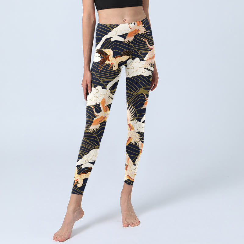 Leggings da palestra con stampa a motivo di Buddha Stones, gru dalla corona rossa, nuvole e onde del mare, pantaloni da yoga da donna - image 6