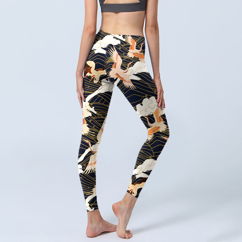 Leggings da palestra con stampa a motivo di Buddha Stones, gru dalla corona rossa, nuvole e onde del mare, pantaloni da yoga da donna - image 5