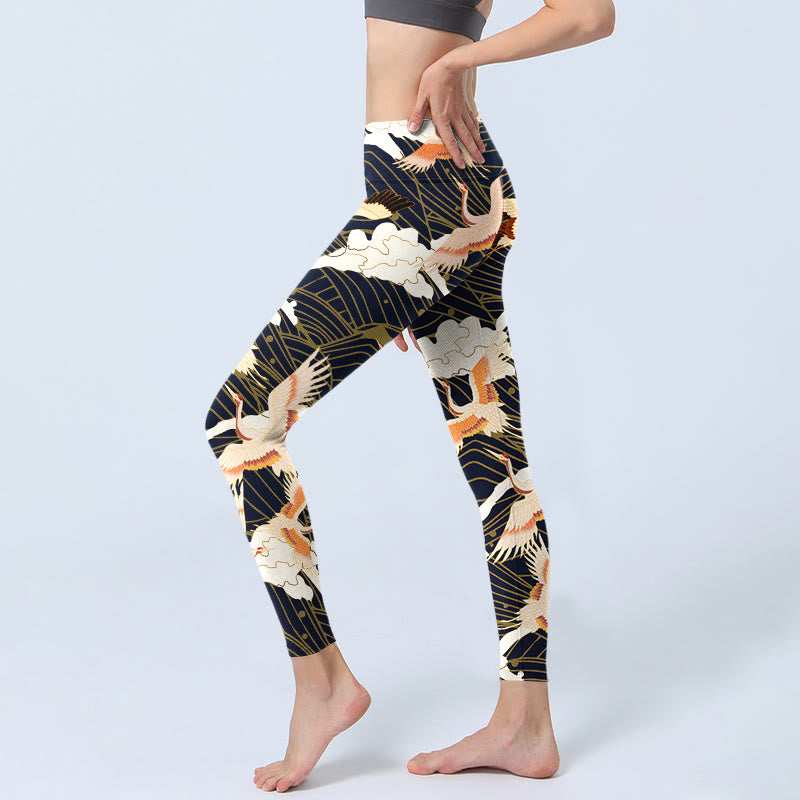 Leggings da palestra con stampa a motivo di Buddha Stones, gru dalla corona rossa, nuvole e onde del mare, pantaloni da yoga da donna - image 2
