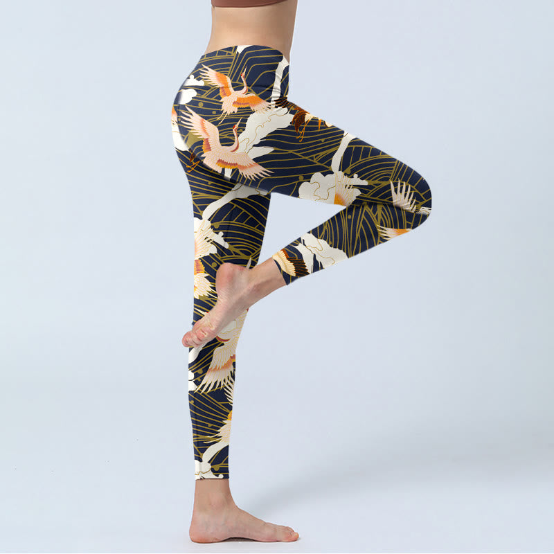 Leggings da palestra con stampa a motivo di Buddha Stones, gru dalla corona rossa, nuvole e onde del mare, pantaloni da yoga da donna - image 4