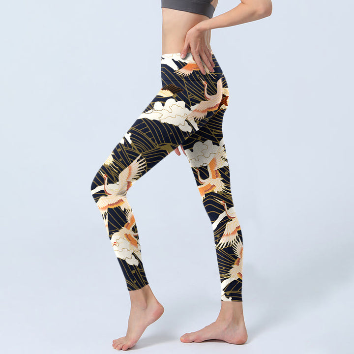 Leggings da palestra con stampa a motivo di Buddha Stones, gru dalla corona rossa, nuvole e onde del mare, pantaloni da yoga da donna - image 3