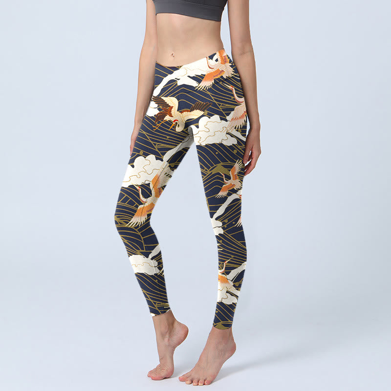 Leggings da palestra con stampa a motivo di Buddha Stones, gru dalla corona rossa, nuvole e onde del mare, pantaloni da yoga da donna - Nero - US18, UK/AU22, EU50 (4XL) - image 1