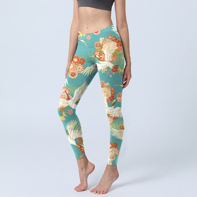 Leggings da palestra con stampa a farfalla, motivo a gru coronate rosse, Buddha Stones , pantaloni da yoga da donna - Turchese medio - US18, UK/AU22, EU50 (4XL) - image 0