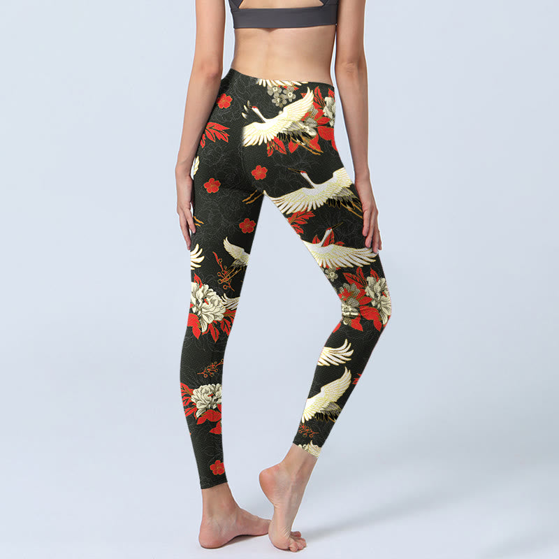 Leggings da palestra con stampa di Buddha Stones, gru dalla corona rossa e fiori di peonia, pantaloni da yoga da donna - image 4