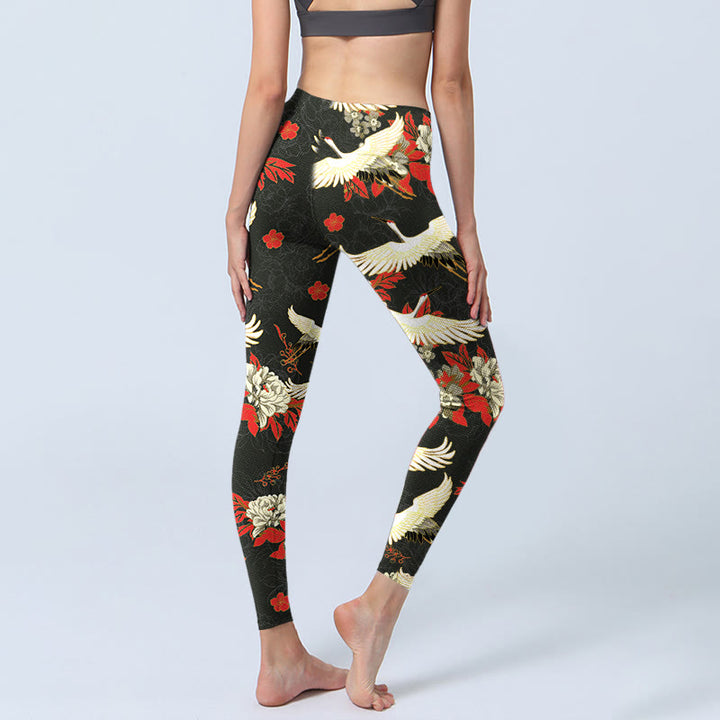 Leggings da palestra con stampa di Buddha Stones, gru dalla corona rossa e fiori di peonia, pantaloni da yoga da donna - image 4