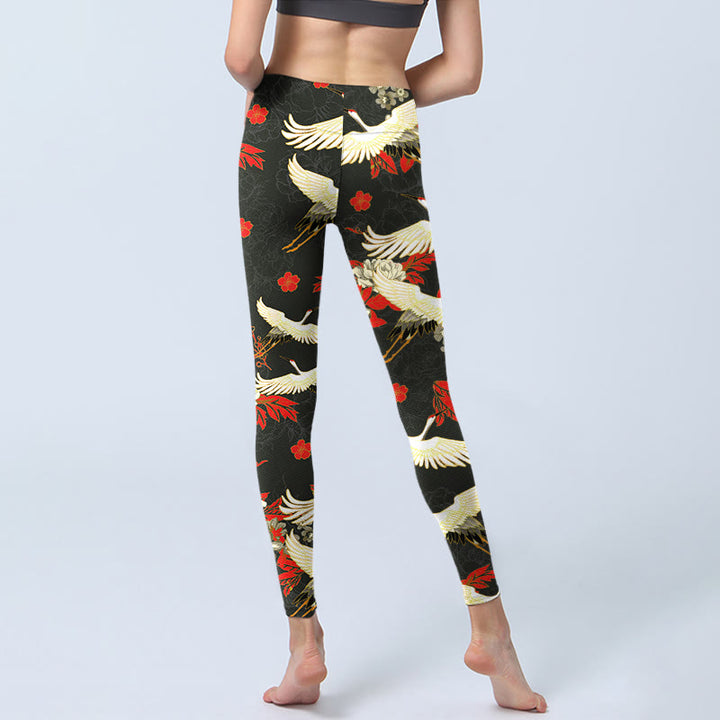 Leggings da palestra con stampa di Buddha Stones, gru dalla corona rossa e fiori di peonia, pantaloni da yoga da donna - image 7