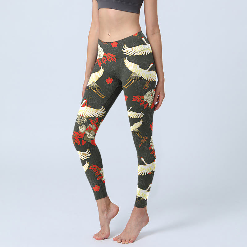 Leggings da palestra con stampa di Buddha Stones, gru dalla corona rossa e fiori di peonia, pantaloni da yoga da donna - Grigio scuro - US18, UK/AU22, EU50 (4XL) - image 1