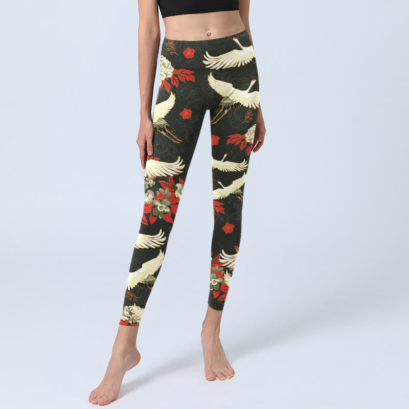 Leggings da palestra con stampa di Buddha Stones, gru dalla corona rossa e fiori di peonia, pantaloni da yoga da donna - image 5