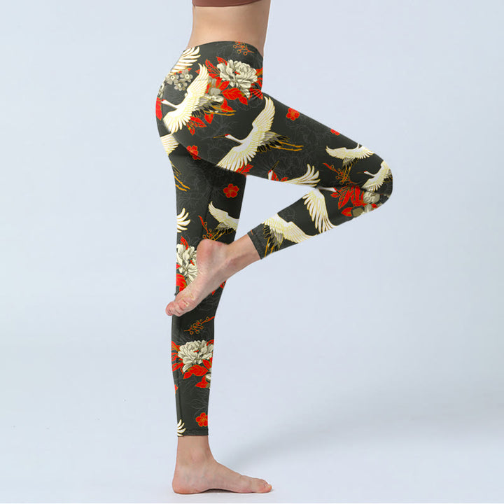 Leggings da palestra con stampa di Buddha Stones, gru dalla corona rossa e fiori di peonia, pantaloni da yoga da donna - image 3