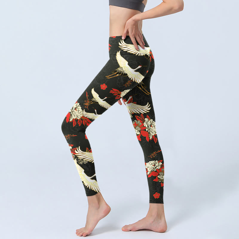 Leggings da palestra con stampa di Buddha Stones, gru dalla corona rossa e fiori di peonia, pantaloni da yoga da donna - image 3